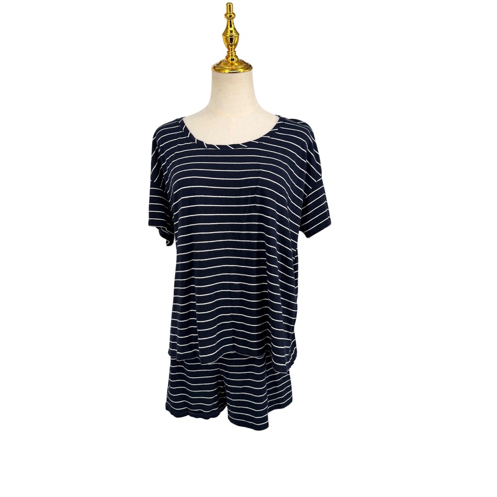 J. Jill Pajama Set Women L Petite Navy Blue Striped Sleep Tee and Shorts Set